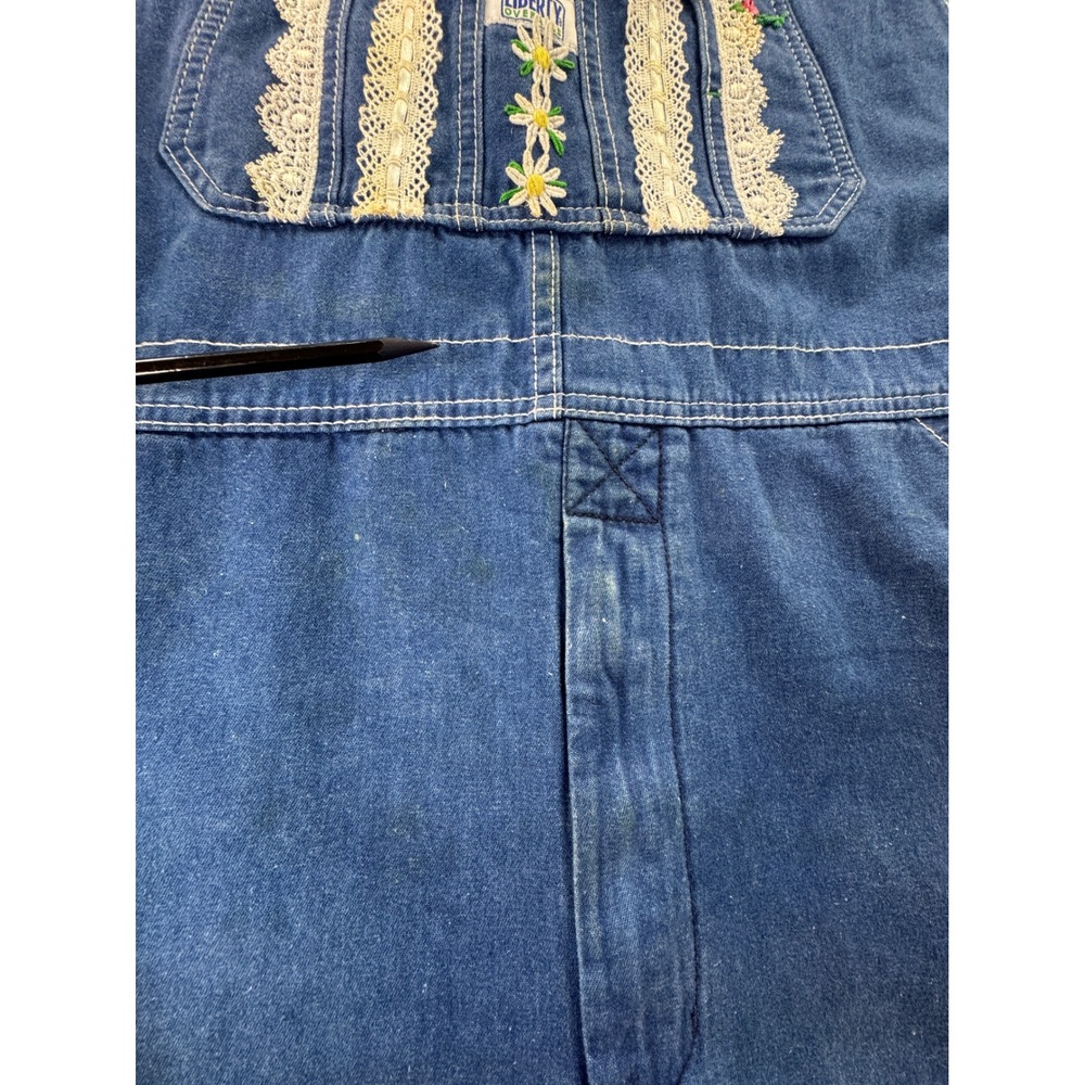 Liberty Overalls Vintage Denim Floral Embroidery Lace Trim Carpenter Blue L/XL - Picture 7 of 16